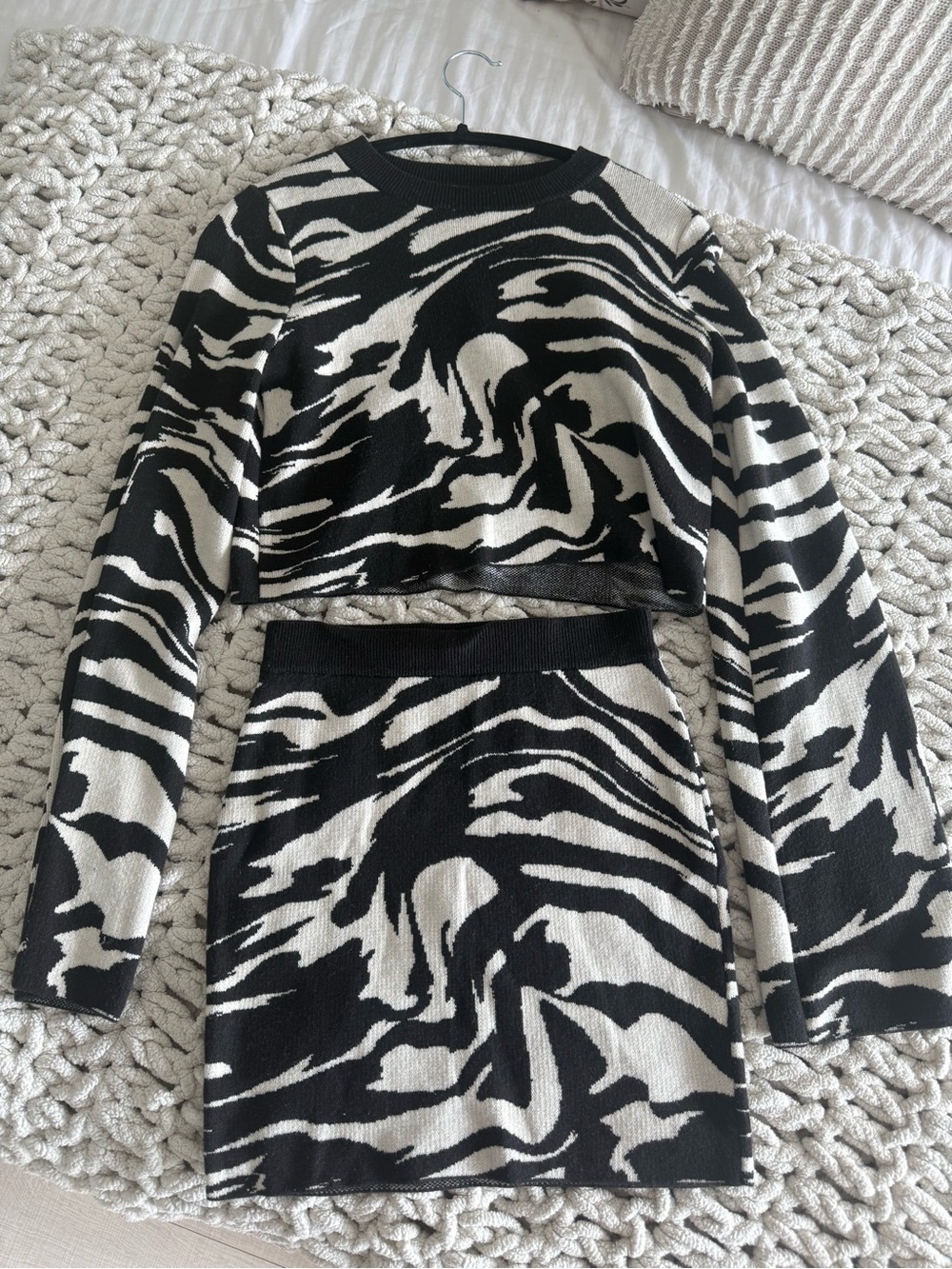Black & White Zebra Knit Crop Top and Skirt Set
